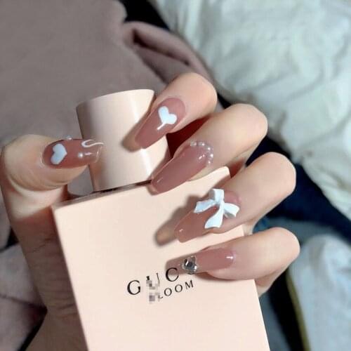 24pcs fake nails with designs Love Heart Print Nail Patch with Bow Pearl Glue Type Removable wearable full cover fake nail tips
