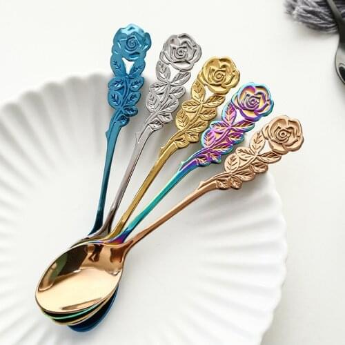 304 Stainless Steel Rose Coffee Spoon Stirring Spoon Teaspoon Long Handle Tea Spoon Dessert Spoon Kitchen Tableware