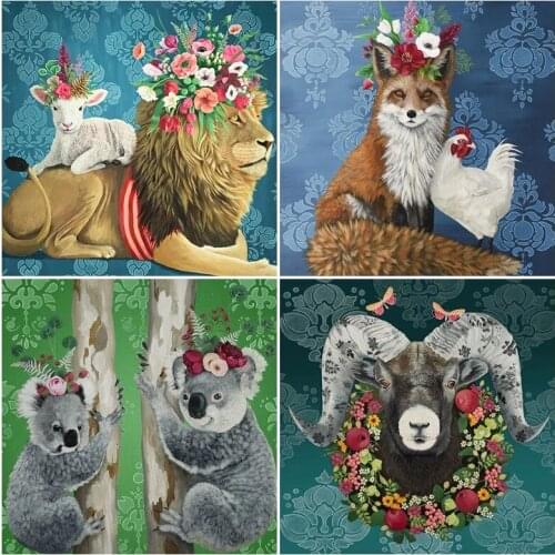 Diamond Painting Full Square Round Animal Home Decoration Mosaic Lion Koala Sheep Fox Cock Embroidery Flower Diamond Home Decor