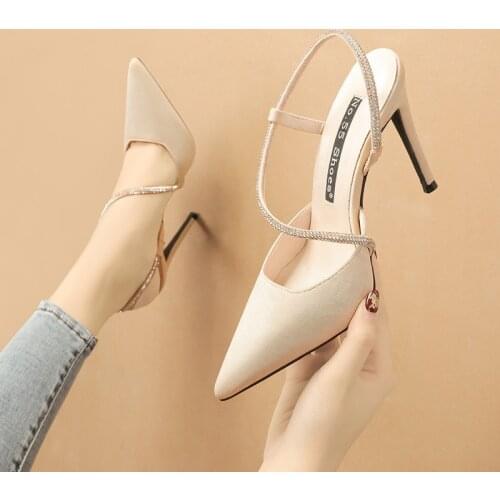 Women sandals Flock Sequined Cloth 10CM Thin Heels High heels Pointed Toe Shallow women shoes sandalias mujer 2020 size 35-42