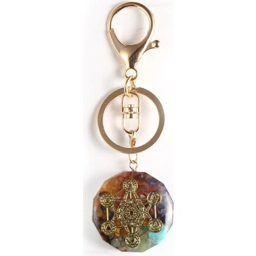 Natural Chip Gravel 7 Chakras Orgonite Pendant Keyring Orgone Pentacle Energy Generator Fortune-Telling Key Ring Healing Jewelry