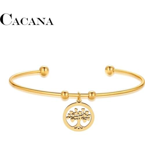 CACANA 316L Stainless Steel Open Bracelet Gold Color Heart of Life Tree Simple Trendy Jewelry For Women Wedding Party Gifts