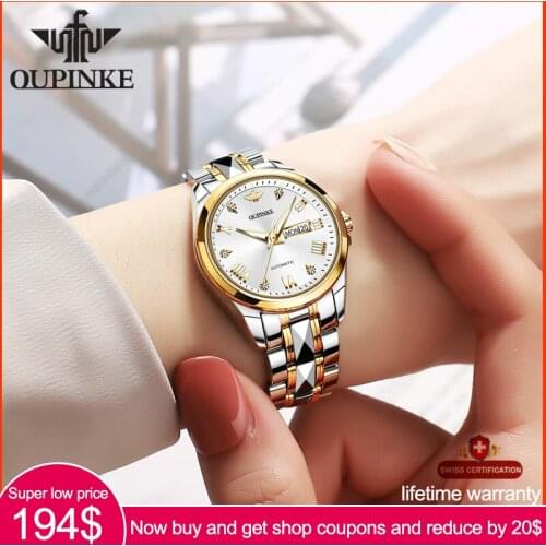 OUPINKE Top Luxury Women Wristwatch Automatic Mechanical Waterproof Watch Sapphire Mirror Tungsten Steel Watchstrap Lady Watches