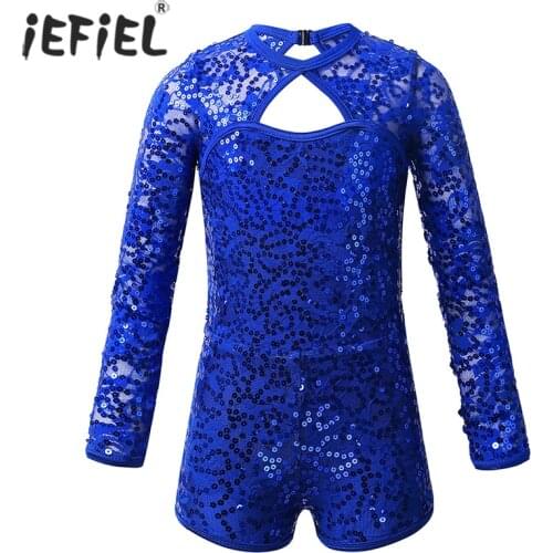 Kid Girls Ballet Gymnastics Leotards Teen Figure Skating Leotard Bodysuit Long Sleeves Lace Shiny Sequins Keyhole Back Jumpsuit