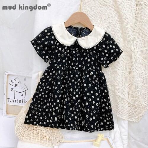 Mudkingdom Dress for Girls Summer Floral Pearls Peter Pan Collar Zipper Princess Dresses Toddler Drop Shoulder Kids Clothes