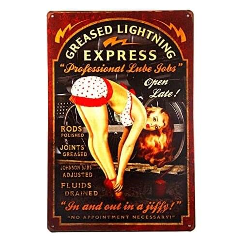 Dingleiever-Greased Lightning Pin Up Girl Sign This ''Professional Lube Jobs'' Pin Up Girl Sign Is A Great Garage or Man Cave