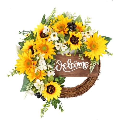 Garland Sunflower Wreath Simulation Leaf Bee Sunflowers Hanging Wedding Party Decoration 40cm Front Door Décor Flower Garlands
