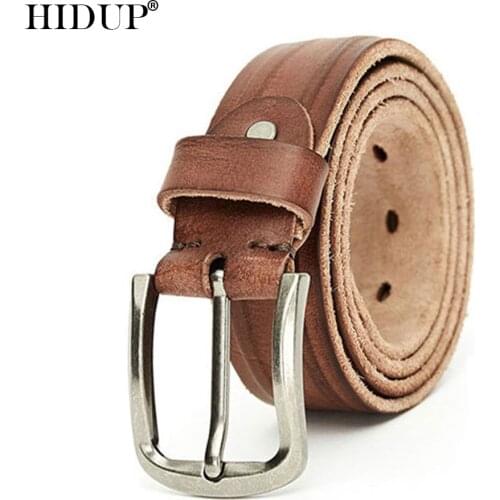 HIDUP Mens Pure Cow Cowhide Leather Belts Top Quality 100% Real Solid Genuine Alloy Pin Buckle Belt for Men 10 Years Use NWJ760