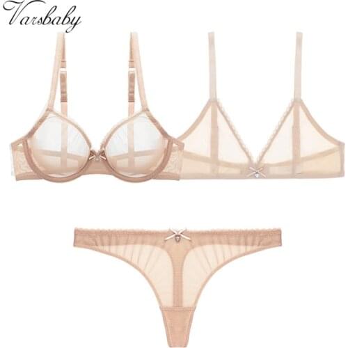 Varsbaby sexy new wire free 2 bras+thongs 3pcs yarn transparent unlined 32BC-38BCD bow bra set