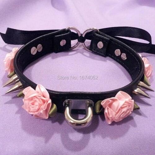 Harajuku Kawaii Punk Rock Flower Spikes Leather Collar Double Spiked Lace Up Choker Colalr Necklace