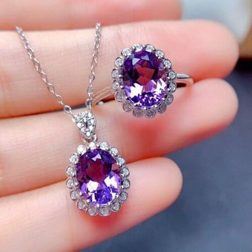 MOONROCY Purple Crystal Ring Necklace Trendy Jewelry Set Wedding Silver Color Oval Wholesale for Women Girls Gift Dropshipping