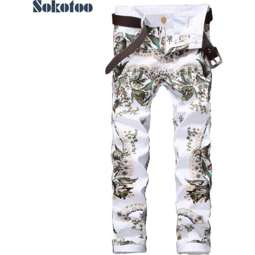 Sokotoo Mens fashion flower colored 3D printed jeans White slim skinny stretch denim pants