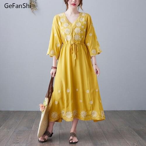 New 2021 Summer Womens Dress Plus Size Prairie Chic Loose V-neck Fashion Embroidery Office Elegant Ladies Dresses Big Size