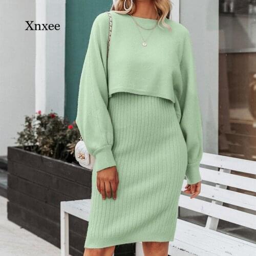 2021 Autumn and Winter New Knitted Solid Color Dress Two-Piece Suit European and American Fashion Solid Color Pullover Women