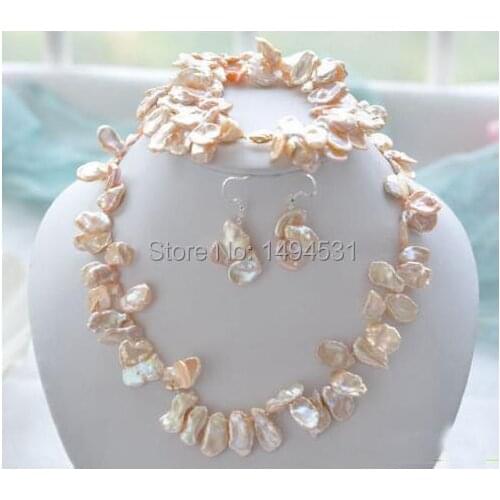 Wholesale Pearl Jewelry Set 18mm Pink Lamina Keshi Reborn Pearl Necklace Bracelet Earrings -Handmade Jewelry - XZN23