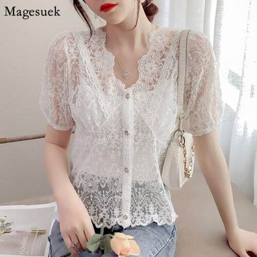 2021 Sexy See-Through Blouse Summer Korean Style Lace Short-Sleeve Womens Shirt Fashion V-neck Button Shirt With Camisole 14069