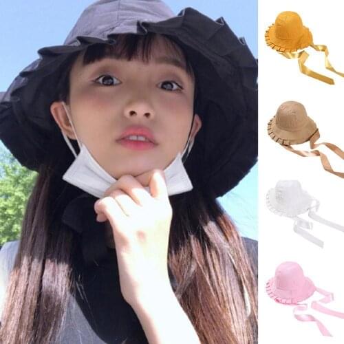 Summer Women Girl Ribbon Tie Sun Hat Beach Caps Fisherman Hat Sun Hat Wide Lace Brim Flounce Caps Outdoor Bucket Hat Sun Hat