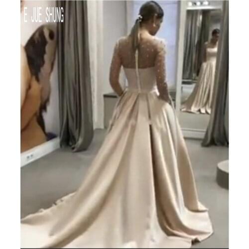 E JUE SHUNG Light Champagne Satin Bride Dresses Sheer Scoop Neck Long Sleeves Pearls Wedding Dresses Button Back robe de mariee