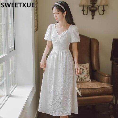 SWEETXUE French Retro High Waist Long Dress Summer Womens White Jacquard Bow V-neck Fashion Designer Party Dress Ladies Korean