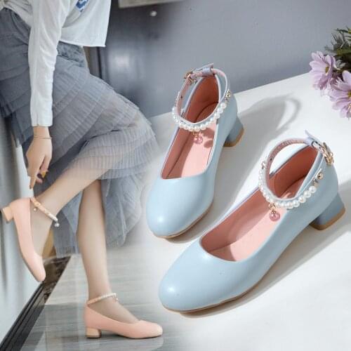 YQBTDL 2020 Spring Sweet Cute String Bead Princess Lolita Party Shoes Low Heel Pumps Buckle Wedding Womens Shoes Chunky Heels