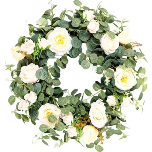 Artificial Camellia Wreath, Fit for Indoor and Outdoor, Leaves Garland with Decorative Branches Decor for Wedding