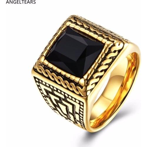 Vintage design 316L stainless steel Golden finger ring with black glass crystal cool mens jewelry size 7-10 # Christmas gift