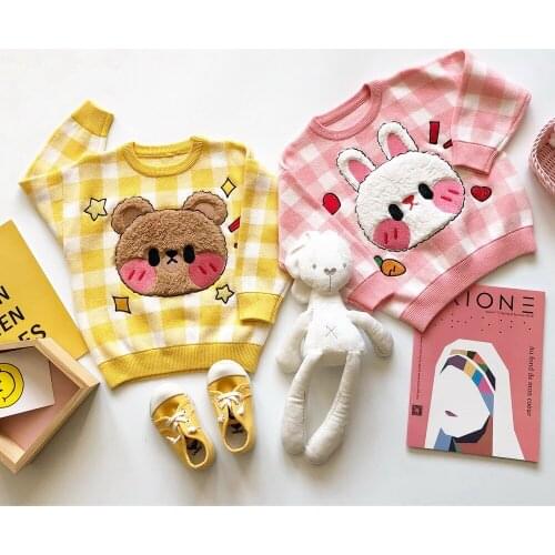 Tonytaobaby Autumn Sweater Boys and Girls Knitting Lattice Rabbit Bear Embroidered Yellow Cute Top Toddler Girl Sweater