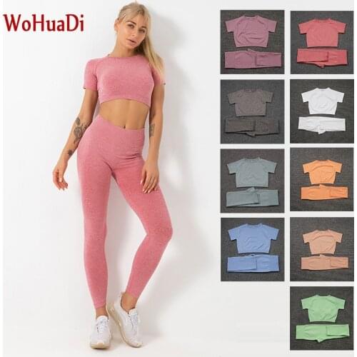 WOHUADI 2021 Womens Clothing Seamless Sportswear Gym Fitness Workout Female Yoga Set Short Sleeve T-Shirt+Leggings Outdoor