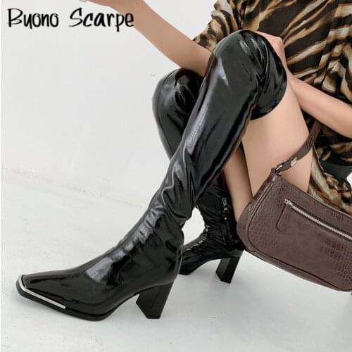 Metal Square Toe Over The Knee Boots Patent Leather High Heel Stretch Thin Boots Ladies Matte Leather Thick Heel Sexy Long Boots