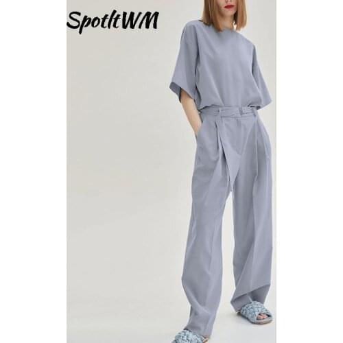 Gray Summer Women Set Casual Blue Top Shirt Short Sleeve Loose Wide Leg Pants Suit Ladies Trousers Two Piece Sets Outfits