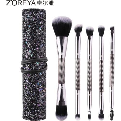 Zoreya New Style Double-Ended Makeup Brush 5 Makeup Brush Set Sequin Zipper Cosmetic Bag Cosmetic Gift for Women ZZ5