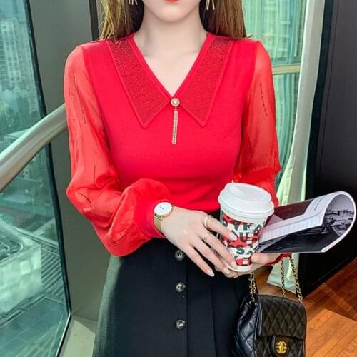 #8633 Red Black Casual Long T Shirt Women Lapel Collar Diamonds Sexy See Through Mesh Long Sleeve T Shirt Female Slim Autumn2021