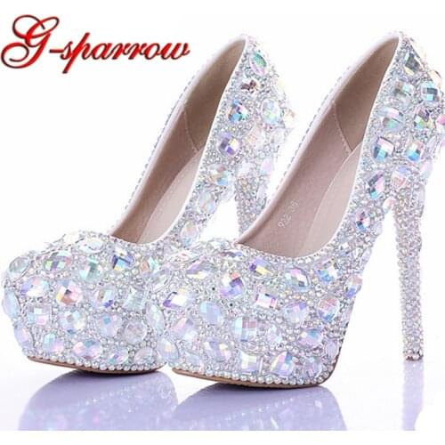 AB Crystal Diamond Exquisite Wedding Shoes Sparkling Rhinestone Handcraft Bridal Shoes Thin Heel Evening Prom Party Women Pumps
