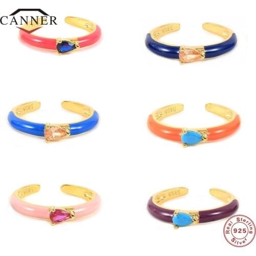 CANNER 925 Sterling Silver Enamel Finger Rings for Women Drop-shaped Zircon Open Ring Friendship Engagement Wedding Jewelry