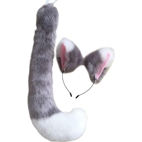 Japanese Anime Cat Wolf Cosplay Props Accessory Contrast Color Plush Ears Bandana Hair Hoop Animal Long Tail Halloween Costume