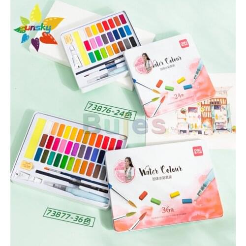 Deli 24/36 color Solid Watercolor Paint Set portable iron box solid pigment painting graffiti professional drawing art supplies