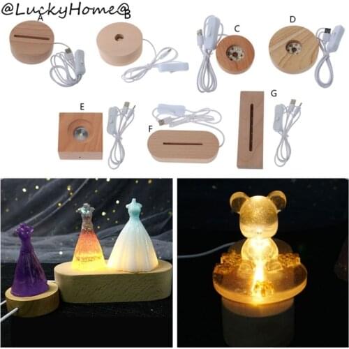 Handmade Wood Rectangle Round Oval Shape LED Display Base Resin Art Ornament Wooden Night Lighted Base Stand Crafts