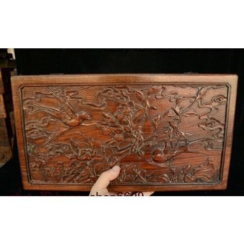 16" China Huang Huali Wood Flower Storage Jewelry Box Treasure Chest Case Statue