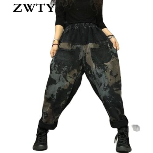 ZWTY Spring Autumn Arts Style Women Elastic Waist Loose Casual Jeans Splice Vintage Print Cotton Denim Harem Pants Female Jeans