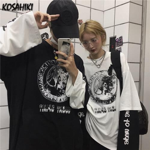 KOSAHIKI Fake Two-piece Long-sleeved T-shirt Women Men Autumn Korean Harajuku Print Plus Size Loose Female Student Tee Shirts