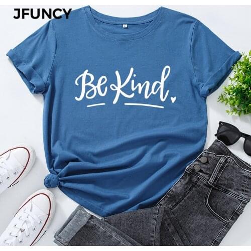 JFUNCY Plus Size Womens T Shirt 100% Cotton Short Sleeve T-shirt Be Kind Letter Print Graphic Tees Female Tshirt Woman Tops