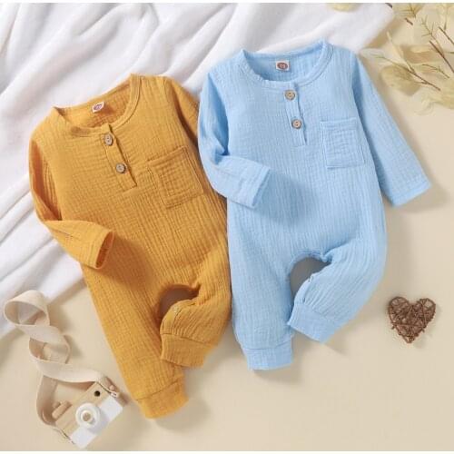 Lioraitiin 0-18M Infant Unisex Baby Girl Boy Solid Color Romper Long Sleeve O-neck Jumpsuit with Pocket for Spring Fall