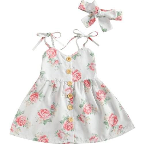 Infant Kids Baby Girls Summer Outfits, Cute Self-Tie Spaghetti Straps Button Down Floral Print Dress with Headband