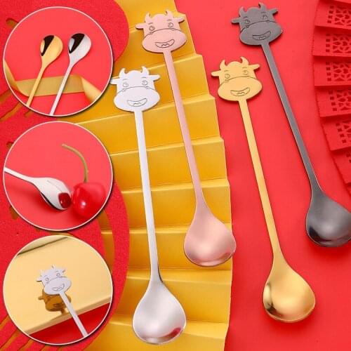 New Cow Head Spoon Coffee Spoon Dessert Cake Round Head Spoon Household Kitchen Stainless Steel Cute Tableware Stirring Spoon