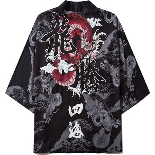 Print Dragon Yukata Men Women Fashion Cardigan Loose Blouse Haori Obi Asian Clothes Harajuku Japanese Cosplay Kimono