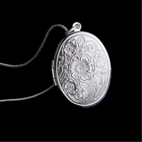 Fashion Retro Silver Oval Sun Flower Photo Frame Locket Pendant Necklace Chain