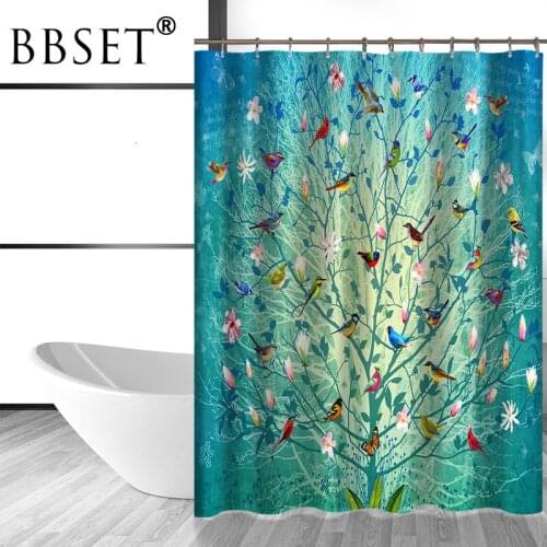 Cartoons Shower Curtain Colorful Birds and Flowers on The Tree Pattern Waterproof Multi-size Douchegordijn Bathroom Decor