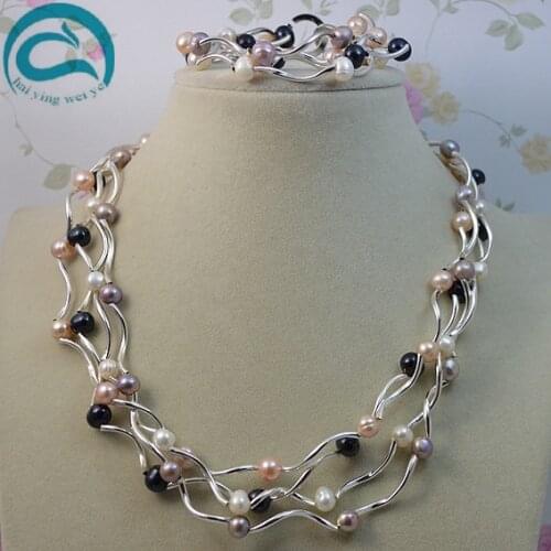 100% Natural Freshwater Pearl Jewelry Set,White Pink Purple Black Color Real Pearl Necklace Bracelet,4 Rows Pearls For Women