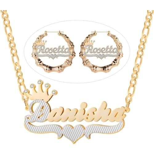 Personalized Two Tone Jewelry Set Custom 18K Gold Plated Double Layer Name Necklace And Bamboo Name Earrings Set For Her Gift