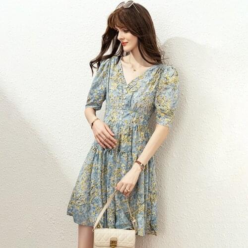 French 2021 summer new sweet print close waist V-neck A-line dress